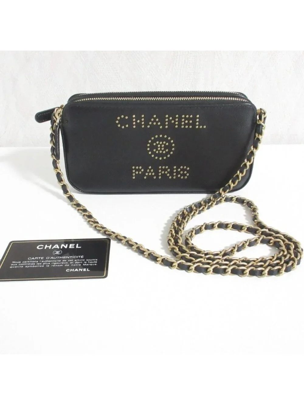 Chanel Deauville Caviar Leather Chain Wallet Shoulder Bag Black